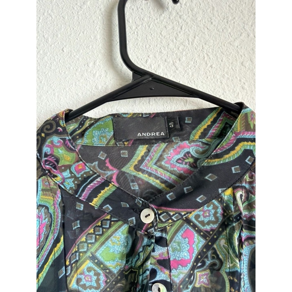 Andrea Black Multi Color Paisley Sheer Button Down Blouse Top Size 48 Floral - Picture 5 of 8